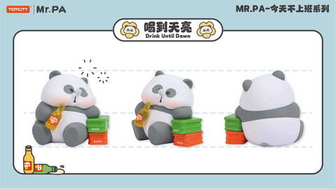 A panda figurine lounges with a bottle labeled “MR.PA” while leaning against beer crates. Its sleepy expression and bubble add humor, capturing a late-night drinking theme in a playful collectible design.