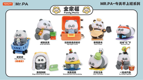 A lineup of all Mr. PA blind box figures including cooking, fishing, traveling, gardening, exercising, cleaning, binge-watching, drinking, and shopping. Each panda design highlights everyday humor in lazy yet relatable scenes.
