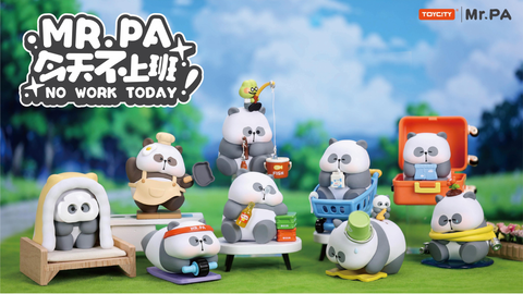 A wide display of Mr. PA No Work Today Series figures arranged outdoors. The pandas are shown cooking, exercising, fishing, cleaning, gardening, drinking, shopping, traveling, and binge-watching, each posed with themed accessories in a playful group scene.