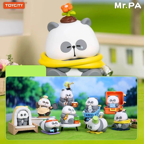A grouped showcase of Mr. PA No Work Today Series blind box figures with a close-up of the gardening panda above. Below, the full collection features humorous panda scenes like cooking, fishing, exercising, drinking, cleaning, traveling, shopping, and relaxing.