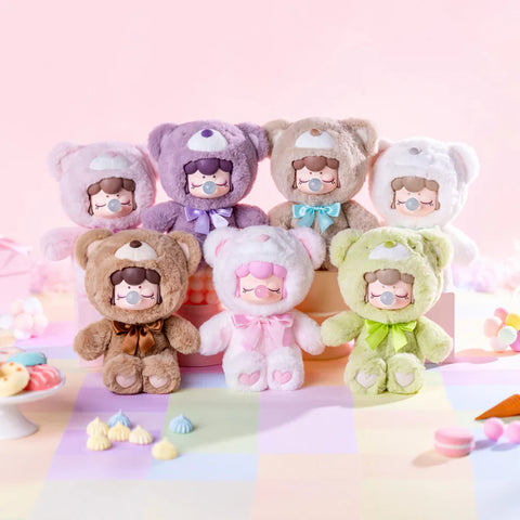A delightful collectible set from the "Nanci Colorful Chocolate Cutie Bears" plush series features six adorable figures dressed in fluffy bear suits of various pastel shades. Each character has a peaceful expression with closed eyes and a bubblegum bubble, complemented by heart-shaped details and matching satin bows. The soft, pastel-themed background with sweets and cozy décor enhances the charming and cuddly aesthetic, creating a dreamy and comforting atmosphere.