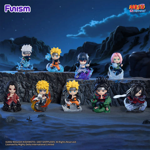 A group showcase featuring all nine characters from the collection, including the hidden chaser Itachi, staged on a rocky cliffside under a night sky.