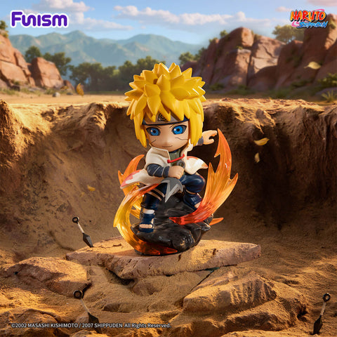 Minato Namikaze in his Hokage cloak holding a Flying Raijin kunai, with orange swirling energy effects.