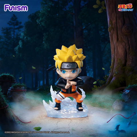 Naruto Uzumaki in his signature orange and black outfit, performing a hand seal with white smoke/chakra effects at his feet.