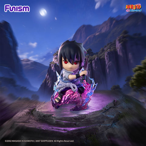 Sasuke Uchiha with active Sharingan, drawing his sword with translucent purple and pink chakra effects.