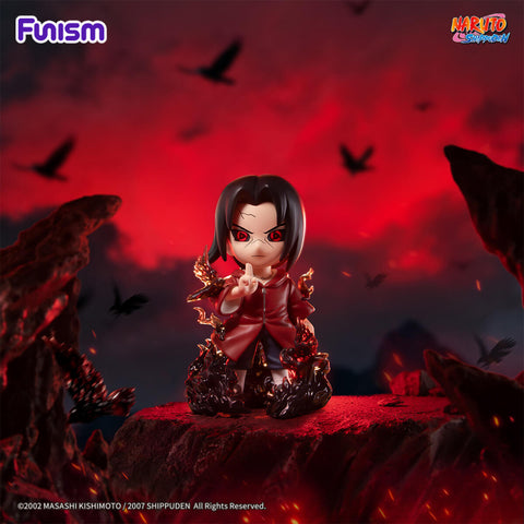 The secret chaser figure featuring Itachi Uchiha in a red cloak with Mangekyou Sharingan, surrounded by black flames and crows.