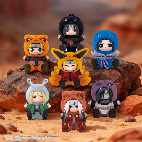 A complete showcase of the Series 2 lineup featuring Naruto, Sasuke, Itachi, Jiraiya, Tsunade, and Orochimaru wearing animal-themed plush suits.