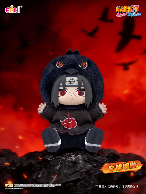 A boutique plush featuring Itachi Uchiha in a black crow-inspired suit adorned with the red Akatsuki clouds.