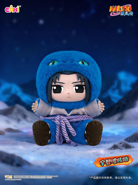 A detailed plush of Sasuke Uchiha wearing a blue snake-themed suit, accented by a purple rope belt.