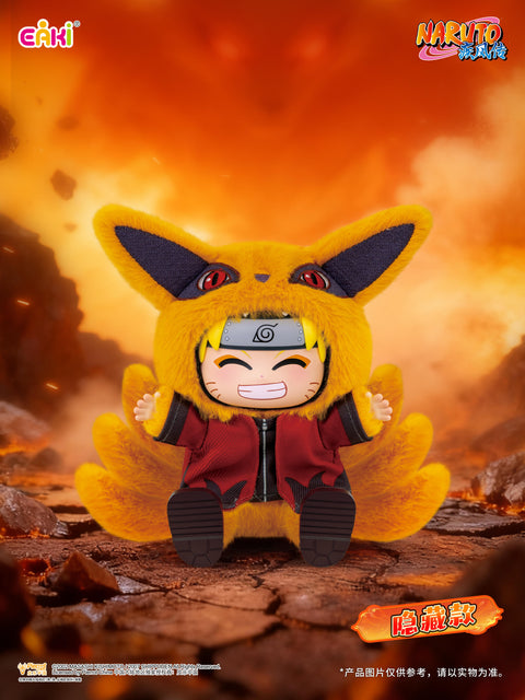 The rare hidden chaser variant featuring Naruto in a vibrant orange Nine-Tailed Fox plush suit with nine distinct tails.