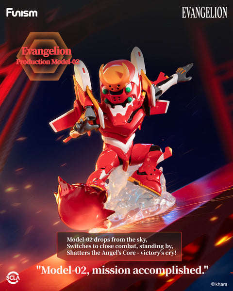 Mini chibi figure of Eva Unit-02 in red armor with horned head, posed mid-attack with dynamic movement, standing on mechanical display base.