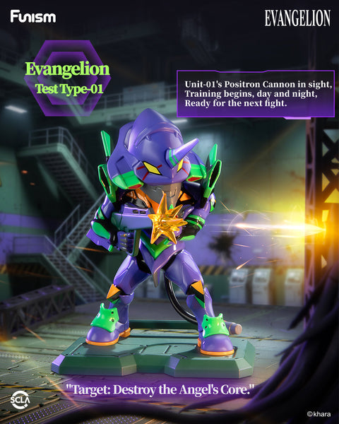 Mini chibi figure of Eva Unit-01 in purple and green armor, holding weapon with glowing core, posed for battle on a green mechanical base.