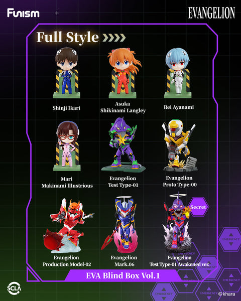 Group display showing Evangelion Blind Box Vol. 1 full collection on stage-like setup with lighting effects.