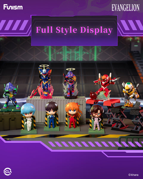 Full display of all Evangelion Vol. 1 blind box figures, featuring pilots and Eva units arranged together in a complete showcase.