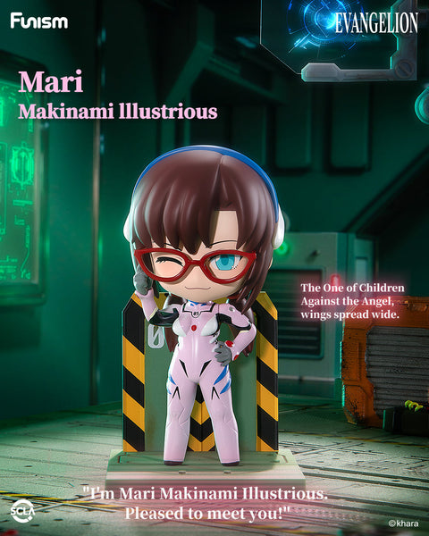 Chibi-style Mari Makinami Illustrious in pink plugsuit with red glasses, winking and raising one hand playfully, standing on a futuristic EVA base.