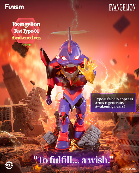 Secret chibi Eva Unit-01 Awakened version in purple and red highlights, glowing halo, dramatic pose with raised hand, standing amid battle ruins.