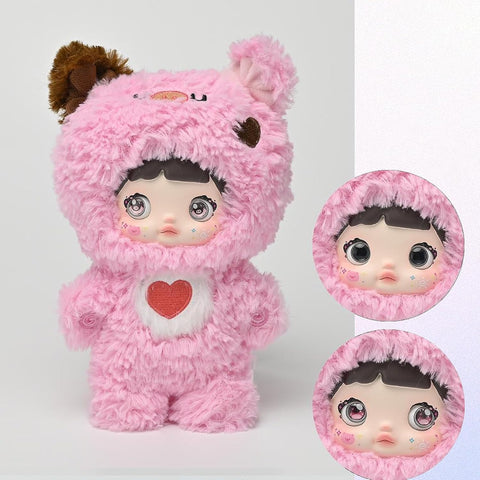 Alt text (498 characters):
A product image featuring a collectible plush toy from the "Loveliness Never Ends" blind box series by Nommi. The plush toy shown is a pink pig character named JUJU, themed around strawberries. JUJU has a soft pink body, round ears, and a red hood resembling a strawberry with tiny seeds and a green leafy top. It has large, shiny black eyes, a tiny snout, and a sweet, cheerful expression. The packaging is visible in the background, decorated in soft pastel colors and whimsical des