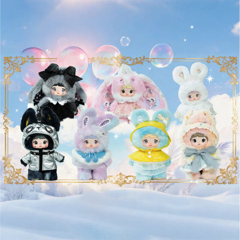 Full display image showing the complete Nommi Weather Forecast plush blind box series arranged together in a fantasy environment. Each figure represents a different weather theme, showcasing varied colors, outfits, textures, and expressions across the full collectible lineup.