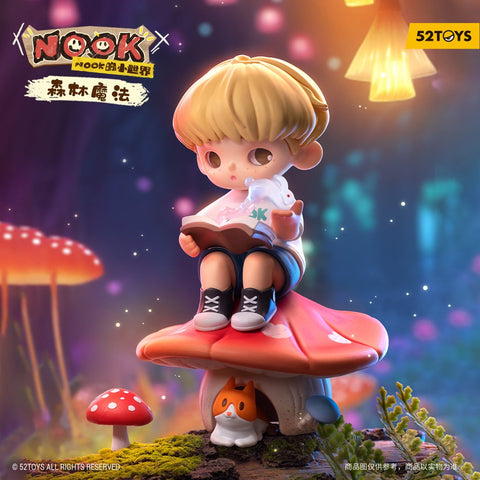A child figurine with a blonde bowl haircut sits cross-legged on top of a large red mushroom cap, reading an open book. A translucent animal-shaped spirit rises from the pages while a tiny orange-and-white cat peeks from a doorway under the mushroom. Glowing lights and fantasy mushrooms fill the forest scene.