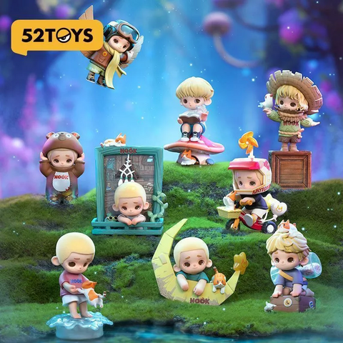 Multiple Nook Little World figurines are arranged on mossy hills in a dreamy fantasy landscape. Characters appear in different poses and outfits, including a bear onesie, pilot, mushroom reader, moon boat rider, scooter driver, scarecrow, window scene, record base, and time-travel traveler.