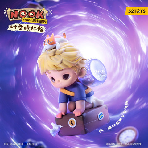 A child figurine with wavy blond hair kneels on top of a rolling suitcase, clutching the handle as if riding it forward. An orange-and-white cat perches on their head, and a translucent capsule backpack filled with glitter rests on their back. A swirling purple vortex background suggests time-travel motion.