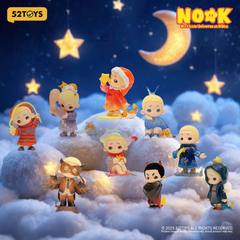 A group promotional image showcasing the eight standard designs and one secret figure from the collection set against a dreamy cloud and moon backdrop.