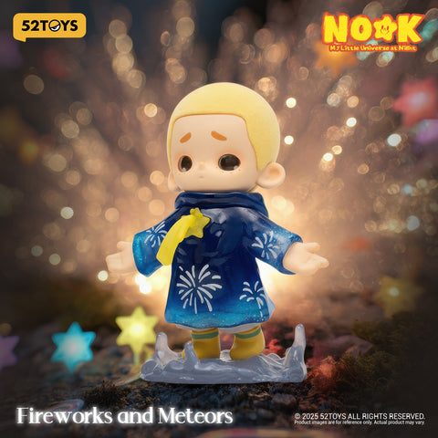 Nook in a dark blue hooded coat with white firework patterns, standing on a translucent gray cloud base with stars.