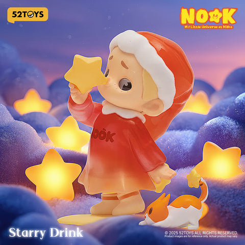 Nook dressed in a red robe and holiday hat, holding a yellow star to his face while a cat walks beside him.