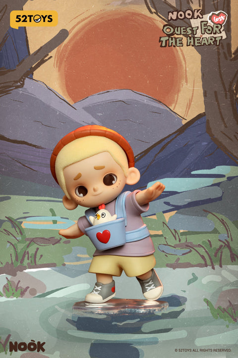 This figure from 52TOYS’ Nook “Quest for the Heart” blind box series features a cheerful blond character wearing a red beanie, purple shirt, and yellow shorts, balancing playfully on a clear base that resembles water. A chicken peeks out of a heart-marked pouch on his chest. The background depicts a colorful, stylized landscape with a red sun and abstract mountain scenery.