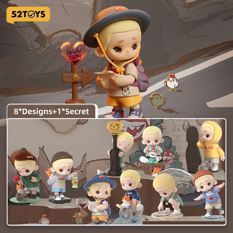 Display image for 52TOYS’ Nook “Quest for the Heart” blind box series, featuring a main figurine of a blond boy in a hat and shorts, standing near a heart-shaped sign that says “Lost City.” The bottom panel showcases eight unique character designs plus a hidden “secret” figure, each posed with whimsical accessories and expressive details in a themed diorama.