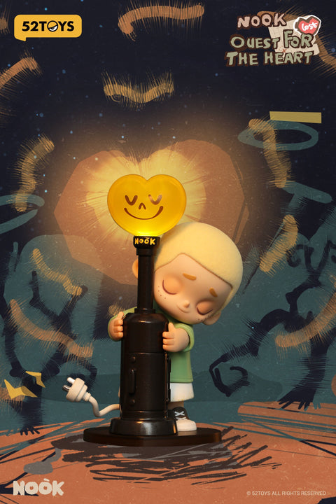 A figure from 52TOYS’ Nook “Quest for the Heart” blind box series, the secret design, shows a blond character peacefully hugging a tall black post topped with a glowing yellow heart that has a smiling face. The background is dark and dreamy, with brushstroke-style light patterns radiating outward.