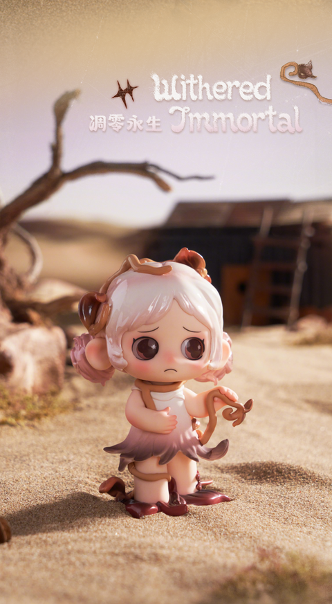 The OONA figurine appears in a desert wasteland with dry sand and a weathered wooden hut in the distance. Her expression looks worried as vines wrap around her arms and legs, capturing a sense of fragility in the harsh barren land.