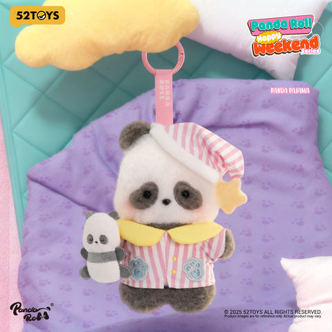 A cozy panda in pink striped pajamas and a matching nightcap, holding a miniature panda friend.