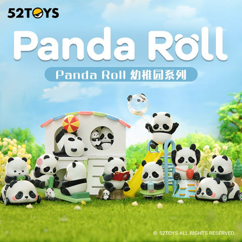 A group of panda figurines is arranged in a colorful outdoor kindergarten-themed scene. The pandas sit, slide, read, hold balloons, ride small cars, and play near a white playhouse with a multicolored roof. The grassy setting features bright yellow flowers and a blue sky, creating a lively, playful display.