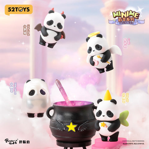 Four panda figures float or stand in a dreamy pink cloud setting. One wears a ghost sheet, another has small devil wings and horns, a third appears as a cupid panda with a halo and tiny bow, and the last stands as a little elf with a pointed party hat and translucent green wings beside a cauldron.