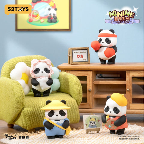 Four panda figurines pose inside a cozy living room. One sits in a flower-shaped chair holding a blanket, another wears a painter beret beside a mini easel, a third stands like a boxer with red gloves and a headband, and the last wears a yellow hat and messenger bag on a soft rug near wooden furniture.