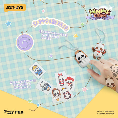 A flat-lay display shows panda keychain figurines and matching temporary tattoos arranged on a pastel checkered background. Two small panda charms with metal bead chains sit beside illustrated stickers of pandas in various costumes, along with a hand demonstrating how the temporary tattoos can be applied.
