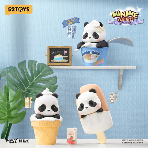 Three panda figurines appear in a kitchen-style setup. One sits inside a blue instant-noodle cup holding a spoon, another rests in an ice-cream cone costume topped with white cream, and a third clings to a two-tone popsicle prop beside a tiny strawberry milk carton and green leaf décor.