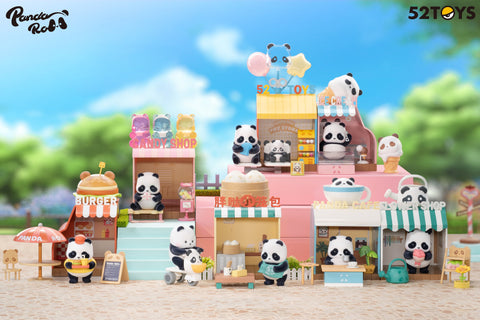 Colorful promotional image of the Panda Roll Shopping Street blind box series by 52TOYS, featuring panda figurines posed in a whimsical shopping plaza. Each panda is styled to match a themed storefront, including a burger stand, candy shop, toy store, ice cream parlor, dumpling stall, café, and flower shop. The display includes pastel colors, mini props like signs and food items, and playful elements such as an ice cream cone and bubble tea. The bright, cartoonish backdrop adds to the cheerful atmosphere.