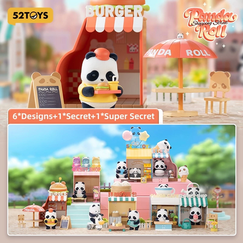 Promotional image for the Panda Roll Shopping Street blind box series by 52TOYS, featuring panda figurines in themed storefront settings. The top shows a panda at a burger stand with a striped awning, menu board, and umbrella. The bottom displays all eight designs—six regular, one secret, and one super secret—arranged in a colorful, miniature shopping street with cafes, shops, and playful outdoor decor.