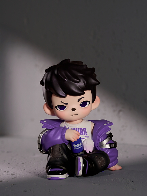 A brown-haired figure stands on a city street under bright blue skies. Dressed in a black hoodie and beige pants, the character holds a wrapped gift box and blue shopping bag, symbolizing cheerful urban energy.