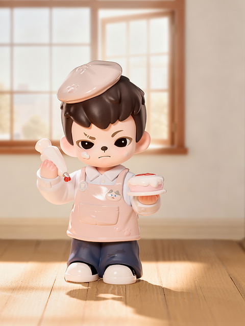 A brown-haired figure in a pale pink apron holds a small frosted cake and a piping bag. Wearing a white shirt and blue pants, the figure stands in a warmly lit kitchen near a window, sunlight streaming across the wooden floor.