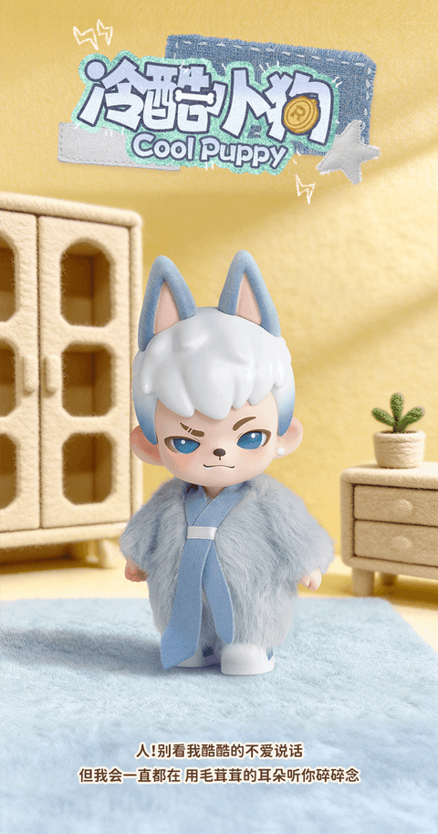Rayan with white-to-blue gradient hair, wearing a gray plush coat with a blue tie, standing in a minimalist room.