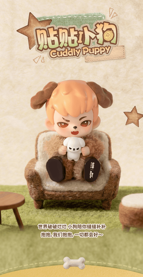 Rayan in a tan fuzzy suit with long brown ears, sitting on a brown sofa and hugging a small white puppy figurine.
