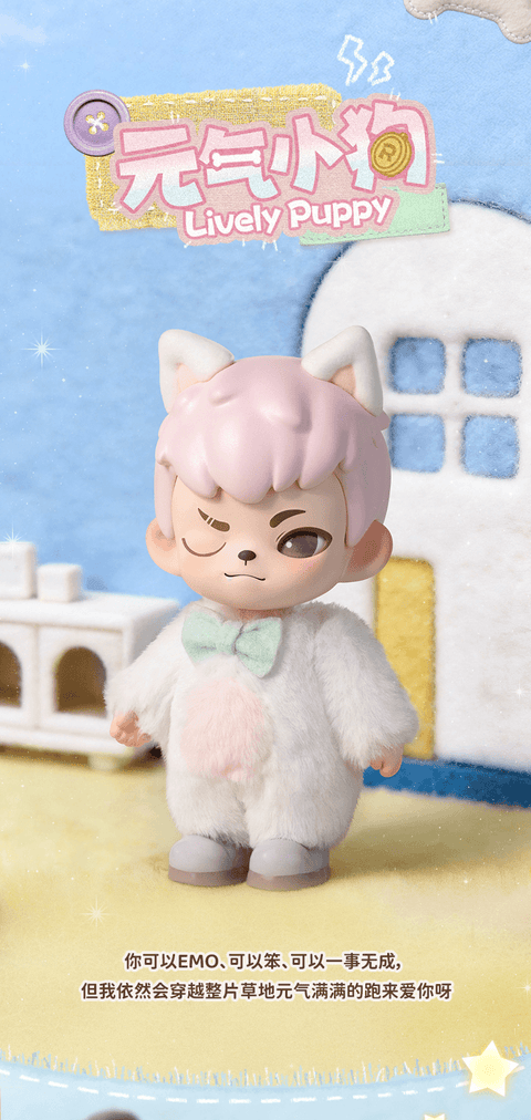 Rayan in a white and pink puppy suit with a green mint bow tie, standing in front of a blue and white house backdrop.