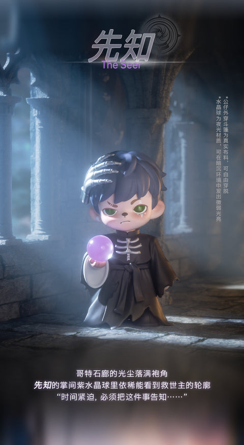 Rayan standing in a dimly lit gothic stone corridor wearing a dark robe printed with a white skeletal ribcage. A silver skeleton hand grips the top of his head while he balances a glowing purple crystal ball.