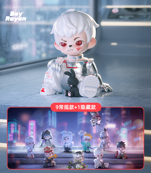 A promotional split-panel display for the Rayan Otherworld Series. The top section features a close-up of the "Silver Overdrive" figure in a chrome spacesuit sitting with a black bunny companion, while the bottom panel showcases a group arrangement of all ten figures from the collection on neon-lit city steps.