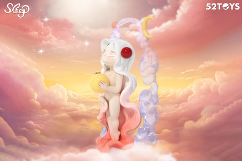 A celestial-themed figurine from 52TOYS’ Sleep series stands serenely amid glowing pink and golden clouds. The character has flowing white and pink hair, closed eyes, and holds a soft yellow orb, radiating calm. Behind them, a translucent arch adorned with a crescent moon and small orbs enhances the dreamlike sunset atmosphere.