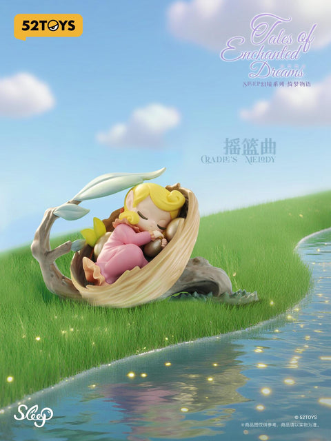 Cradle’s Melody figure from Sleep Dreamland Elves Tales of Enchanted Dreams shows a golden-haired elf child curled asleep in a cradle shaped like a shell. Resting on grass by a sparkling pond, the peaceful scene glows with dreamlike details, leafy accents, and soft pastel tones that evoke gentle lullabies and serene fantasy worlds.