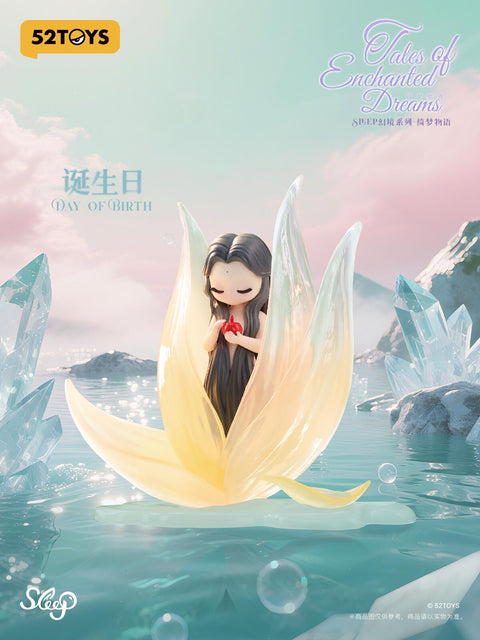 A magical elf figure with long flowing dark hair, eyes closed in calm serenity, gently holds a red apple while standing inside a translucent yellow flower that blooms from icy waters. The petals glow softly like crystal, with sparkling reflections of light across the surface. The scene blends purity and fantasy, evoking rebirth, magic, and peaceful beginnings.